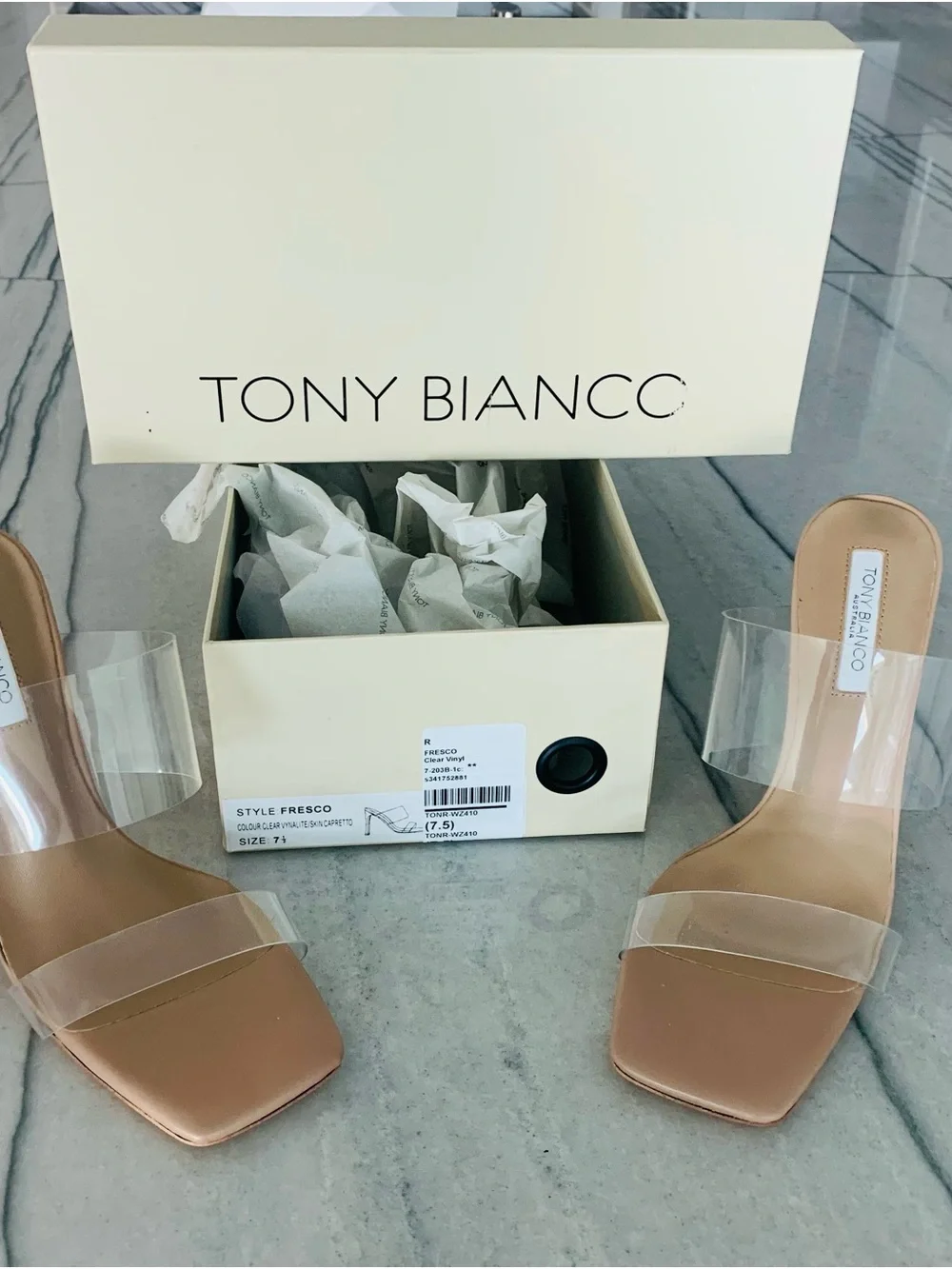 Tony Bianco Fresco Clear Vinyl & Tan Nappa Block Heel
